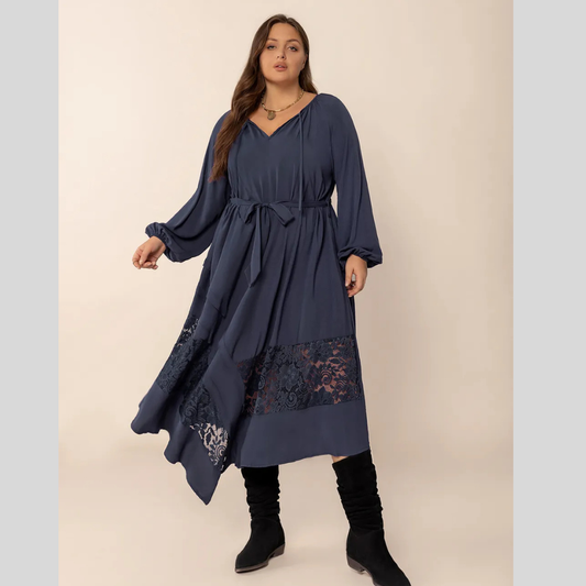 Plus Size Lace Detail Tie Neck Long Sleeve Midi Dress