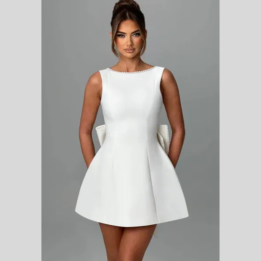 Fashion Big-Bowed Pearls Backless Dress Summer Slim Sleeveless A-line Dresses For Party Evening Women's Clothing