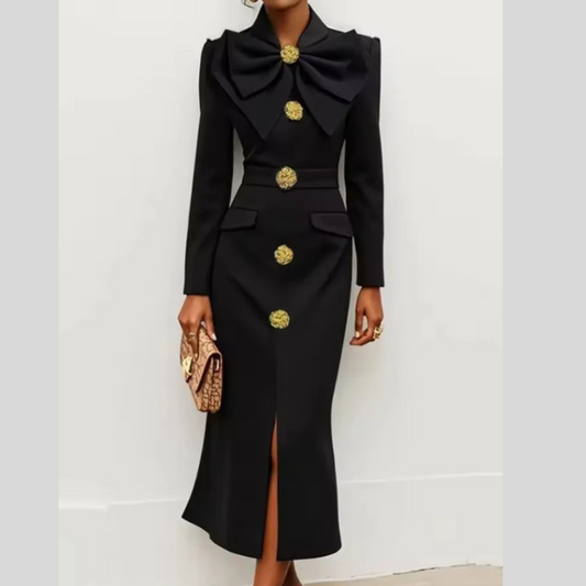 Big Bowknot Design Sense Socialite Half Turtleneck Waist Slit Dress