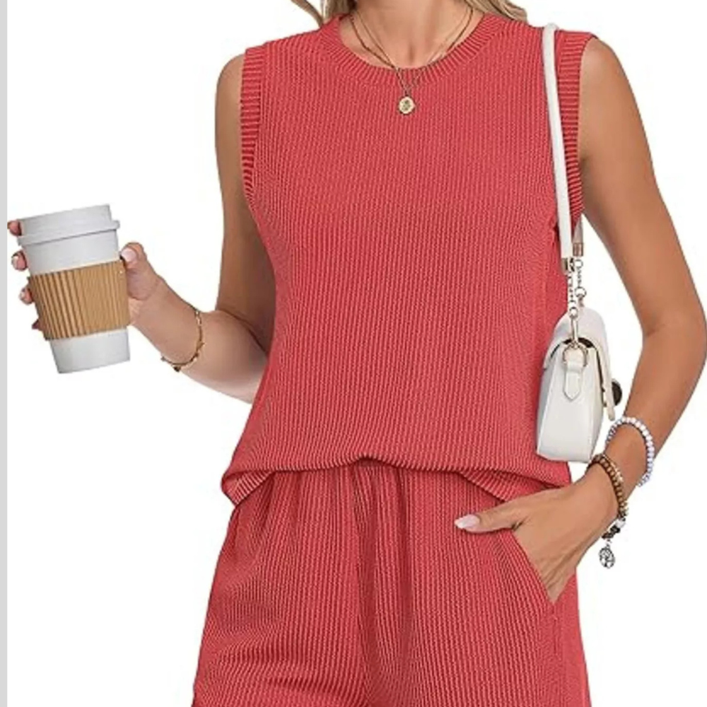 Casual Ribbed Knit Sleeveless Top and Shorts Set