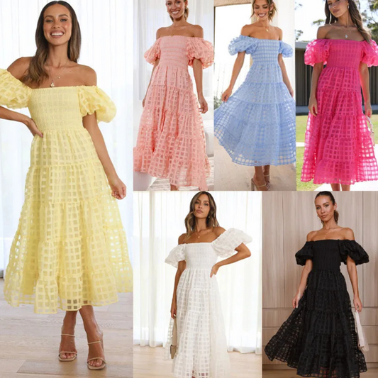 Off-neck Lantern Sleeve Layer-by-layer Stitching Dress