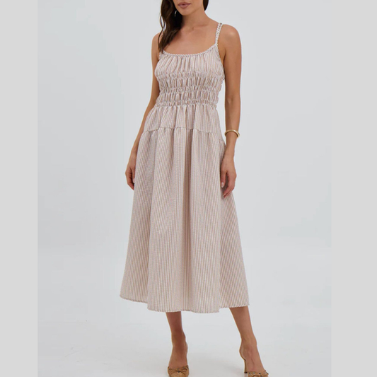 Striped Smocked Bodice Midi Dress