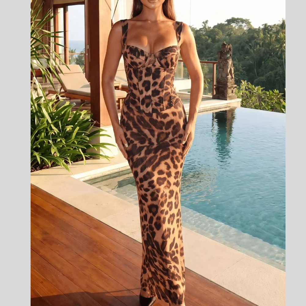 Leopard Sweetheart Neck Maxi Dress