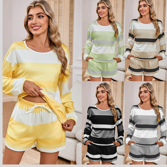 Women's Long Sleeve Striped Top Shorts Casual Suit Pajamas