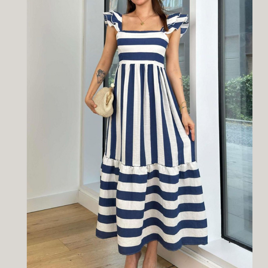 Smocked Striped Square Neck Cap Sleeve Dress
