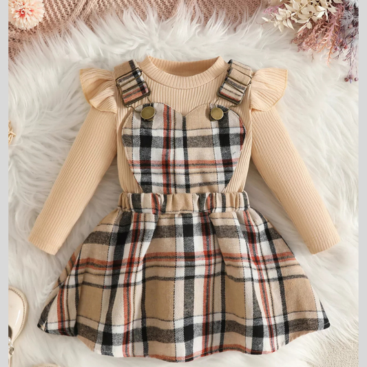 Children's Plaid Suspender Skirt Set with Ribbed Long Sleeve Top