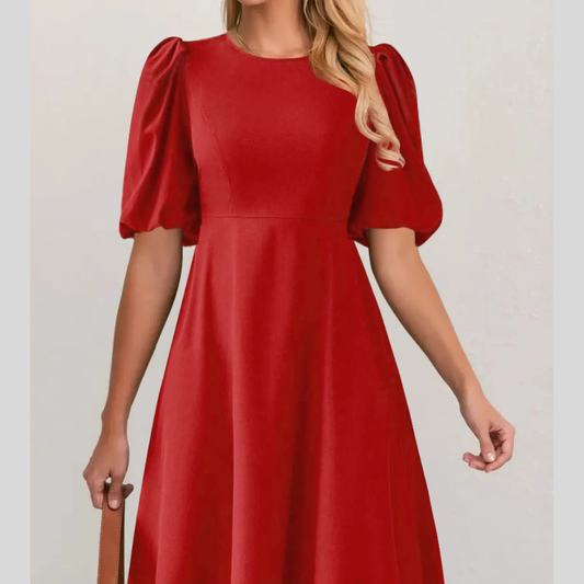 Round Neck Puff Sleeve A-Line Dress