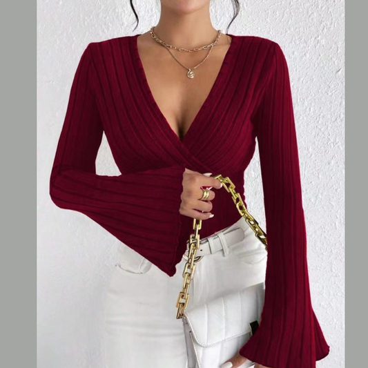 Flare Sleeve Ribbed Knit Top