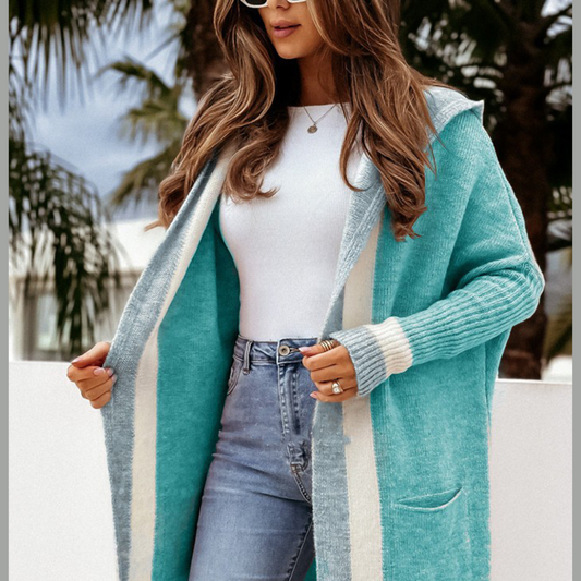 Pocketed Contrast Long Sleeve Hooded Cardigan