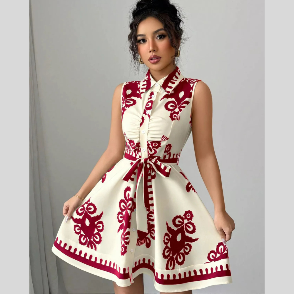 Sleeveless Ruched Printed Tie Waist Dress