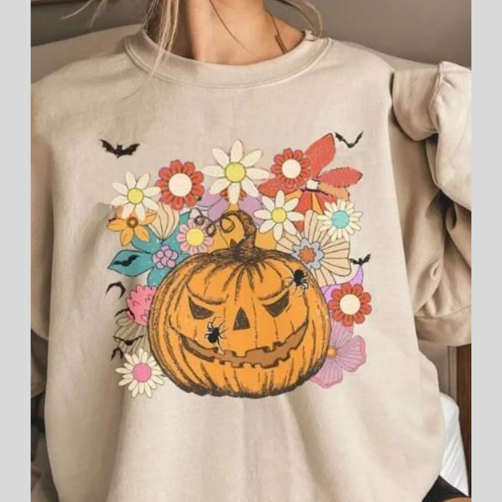 Halloween Pumpkin Floral Round Neck Sweatshirt
