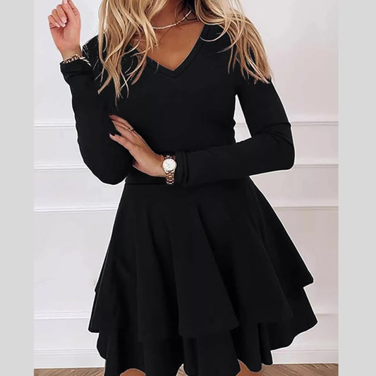 V-Neck Long Sleeve Layered Ruffle Mini Dress