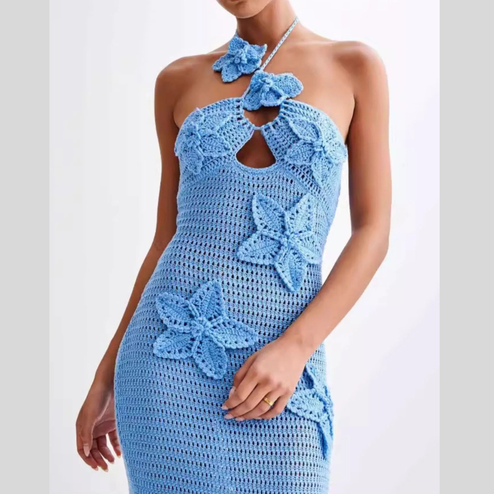 Crochet Floral Halter Knit Cover Up Dress
