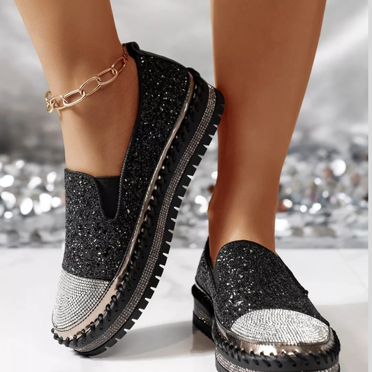 Rhinestone Sequin Round Toe Platform Loafers