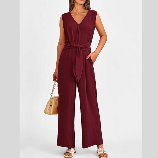 V-Neck Sleeveless Wide-Leg Jumpsuit with Waist Tie