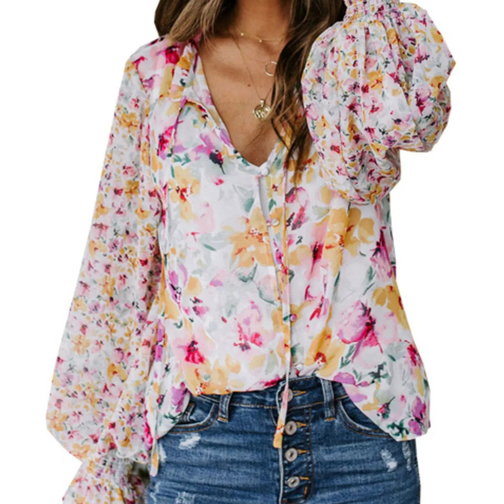 Full Size Floral Print Smocked Cuff Blouse Plus Size