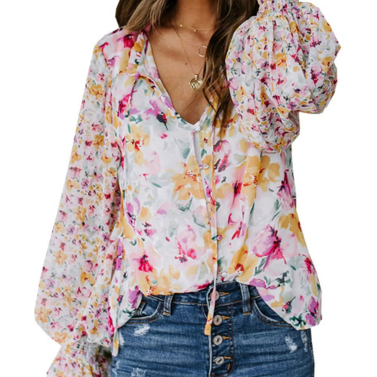 Full Size Floral Print Smocked Cuff Blouse Plus Size