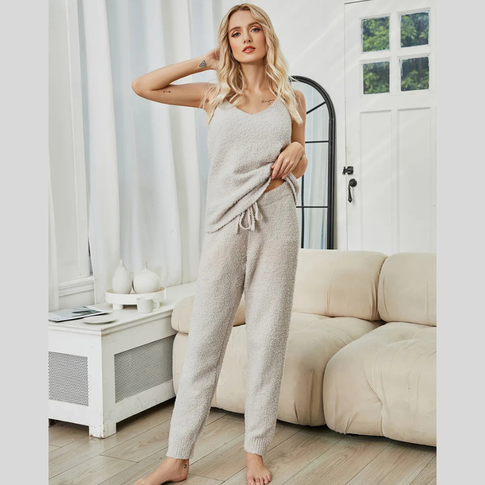 Fuzzy V-Neck Cami and Pants Lounge Set