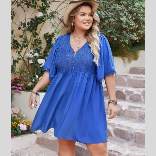 Plus Size Openwork Button Up V-Neck Short Sleeve Dress