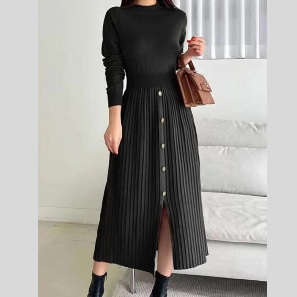 Slit Front Mock Neck Long Sleeve Knit Dress