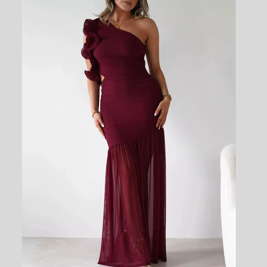 One-Shoulder Ruffle Trim Maxi Dress