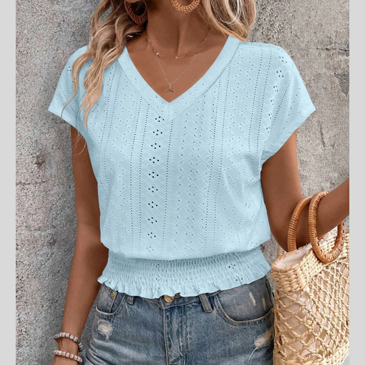 Eyelet V-Neck Short Sleeve Blouse