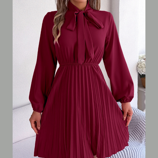 Tie Neck Balloon Sleeve Pleated Dress
