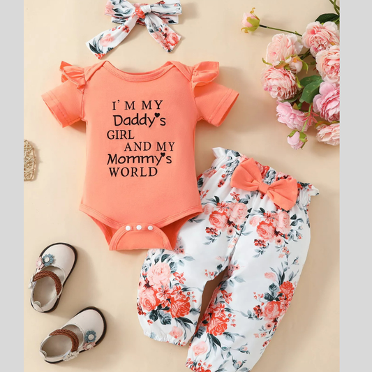 Children's Ruffled Short Sleeve Bodysuit and Pants Set with Headband