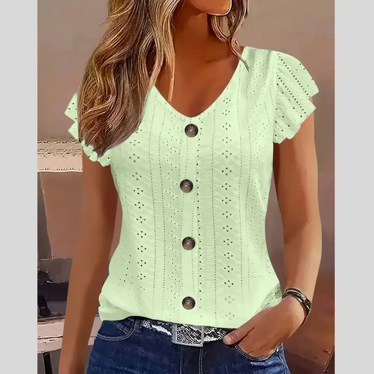 Eyelet Button-Front Flutter Sleeve Top