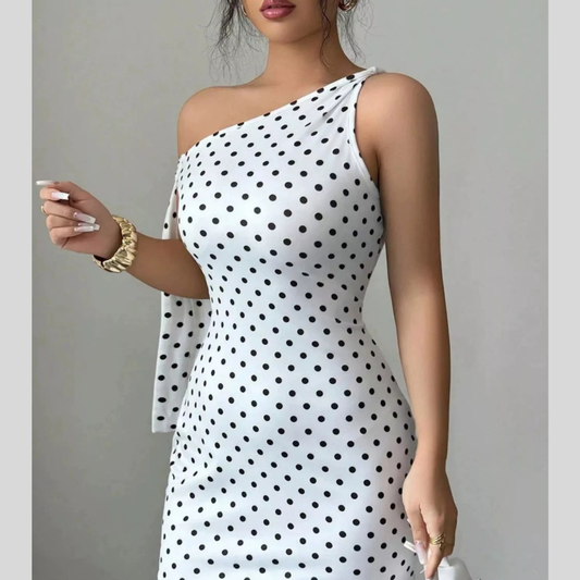 One-Shoulder Polka Dot Bodycon Mini Dress
