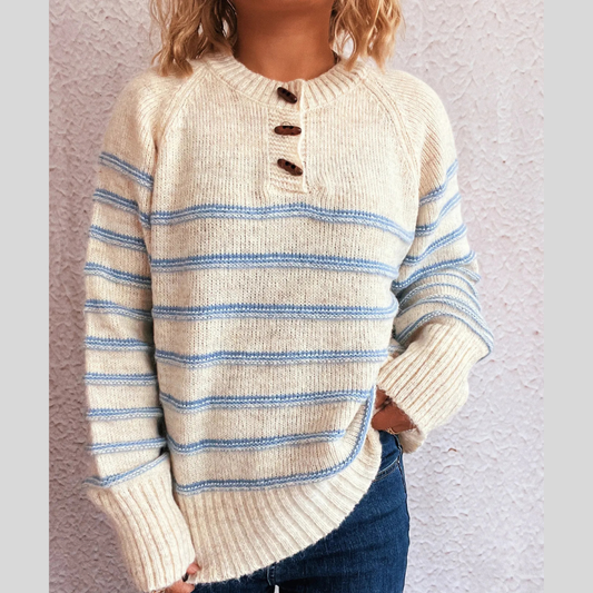Button-Accent Striped Long Sleeve Knit Sweater