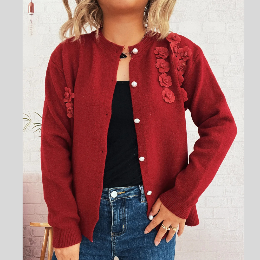 Floral Button-Front Long Sleeve Knit Cardigan