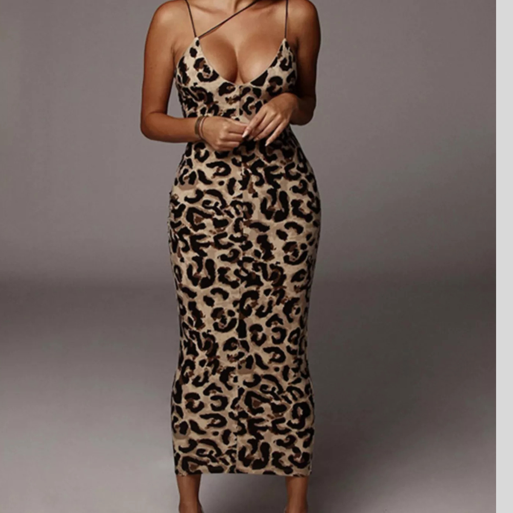 Leopard Print Spaghetti Strap Midi Dress
