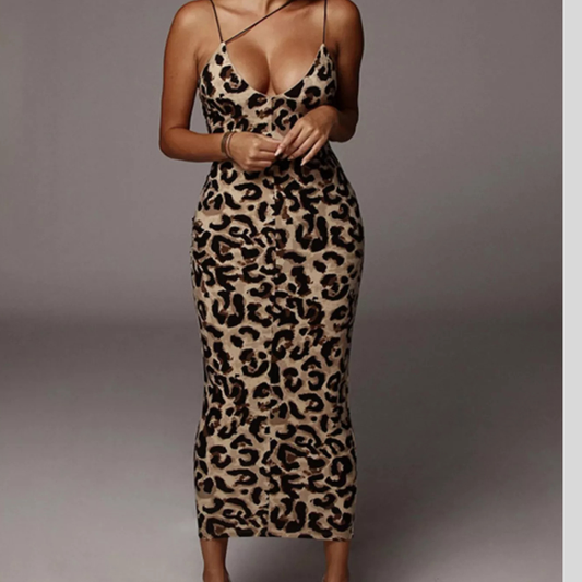 Leopard Print Spaghetti Strap Midi Dress