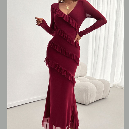 Devine Ruffled Surplice Long Sleeve Maxi Dress
