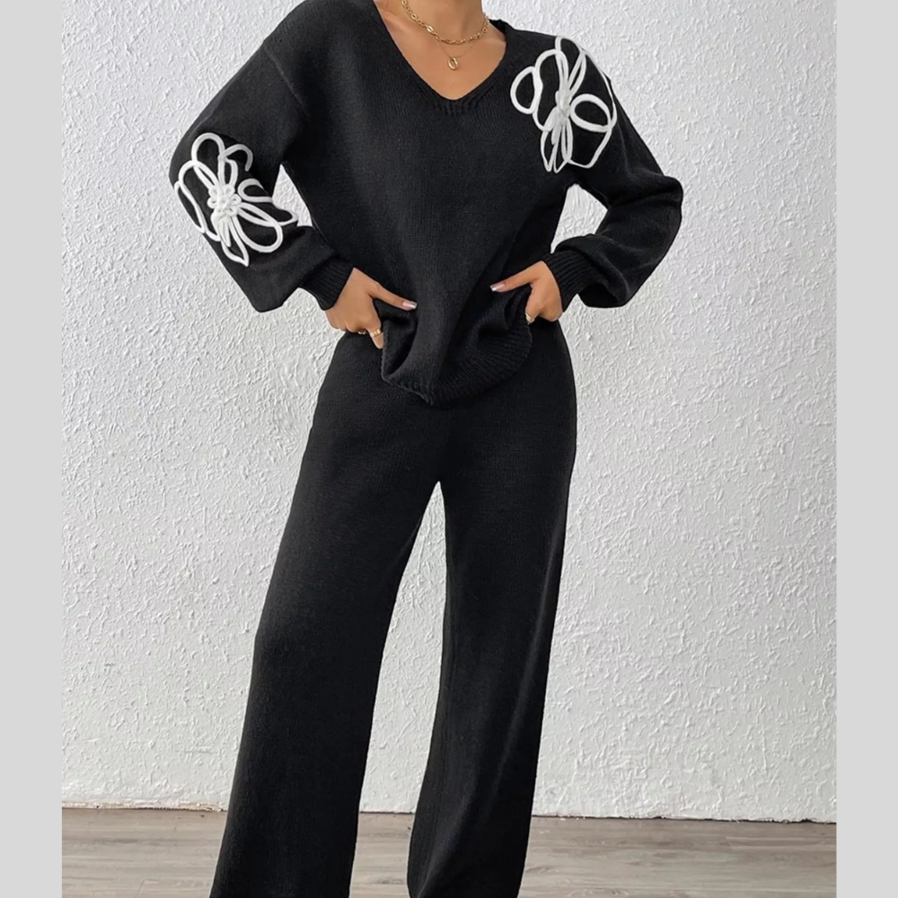 V-Neck Dropped Shoulder Top and Pants Sweater Set