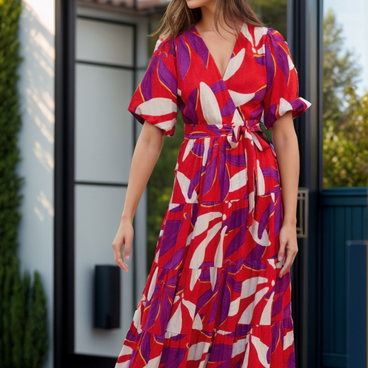 Tied Slit Printed Half Sleeve Midi Dress
