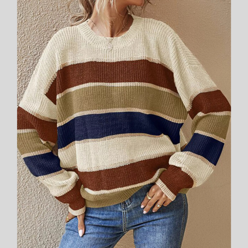 Color Block Striped Crew Neck Sweater