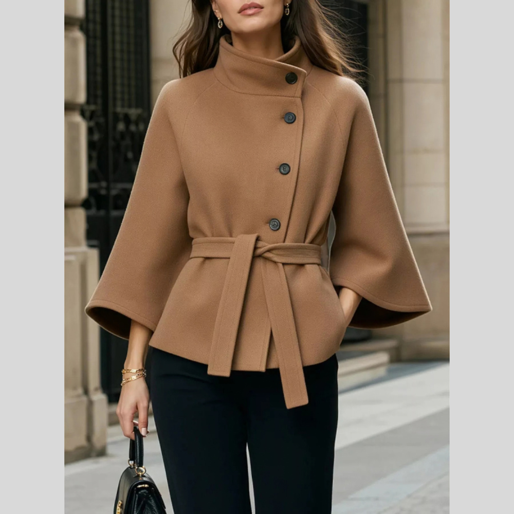 Button Down Cape Coat with Belted Waist