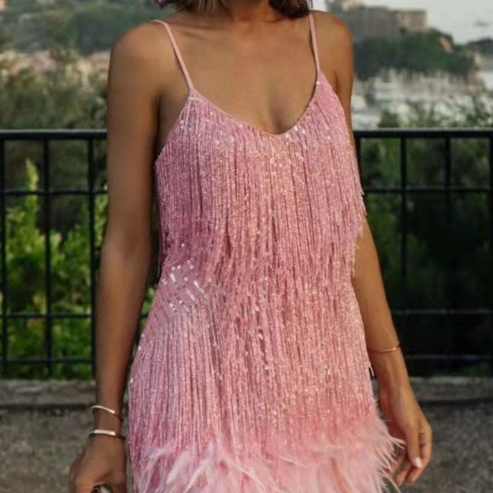 Fringe Feather Hem Mini Dress