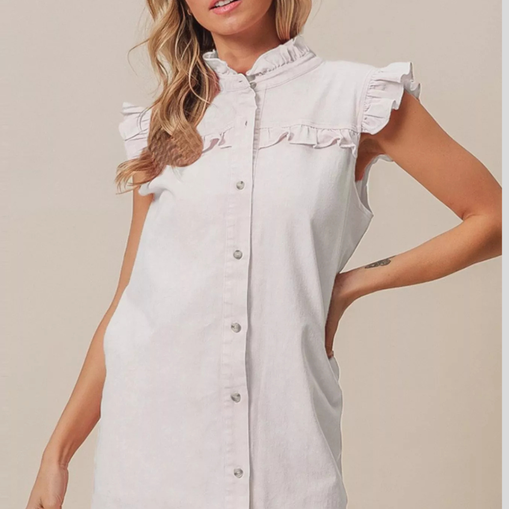 Ruffled Trim Button-Down Denim Dress