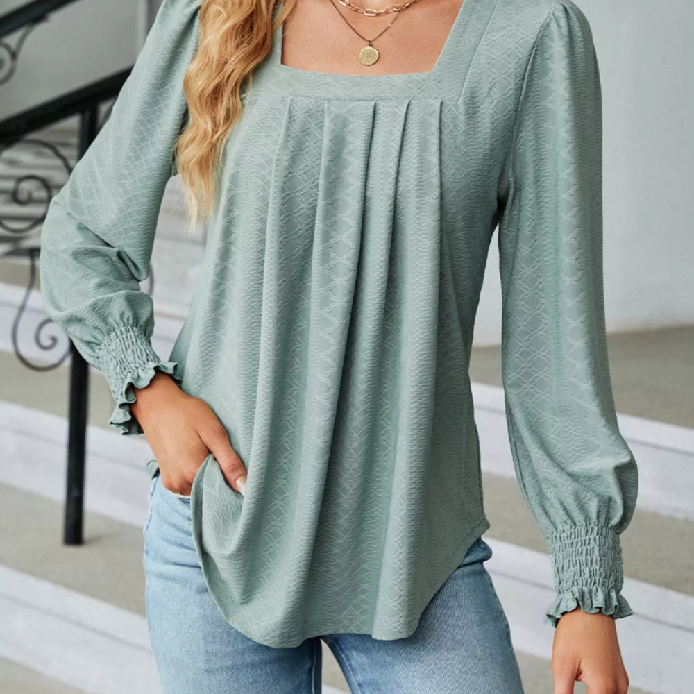 Pleated Square Neck Long Sleeve Top