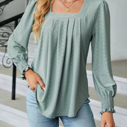 Pleated Square Neck Long Sleeve Top