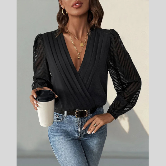 All-matching Solid Color And V-neck Pleated Lace See-through Long-sleeved Top