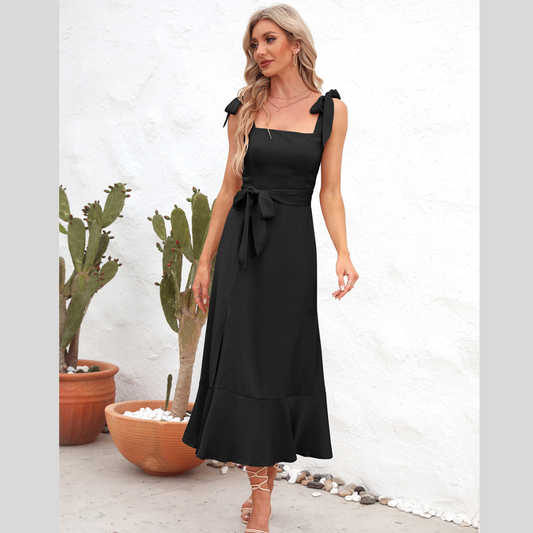 Square Neck Tie Strap Midi Dress