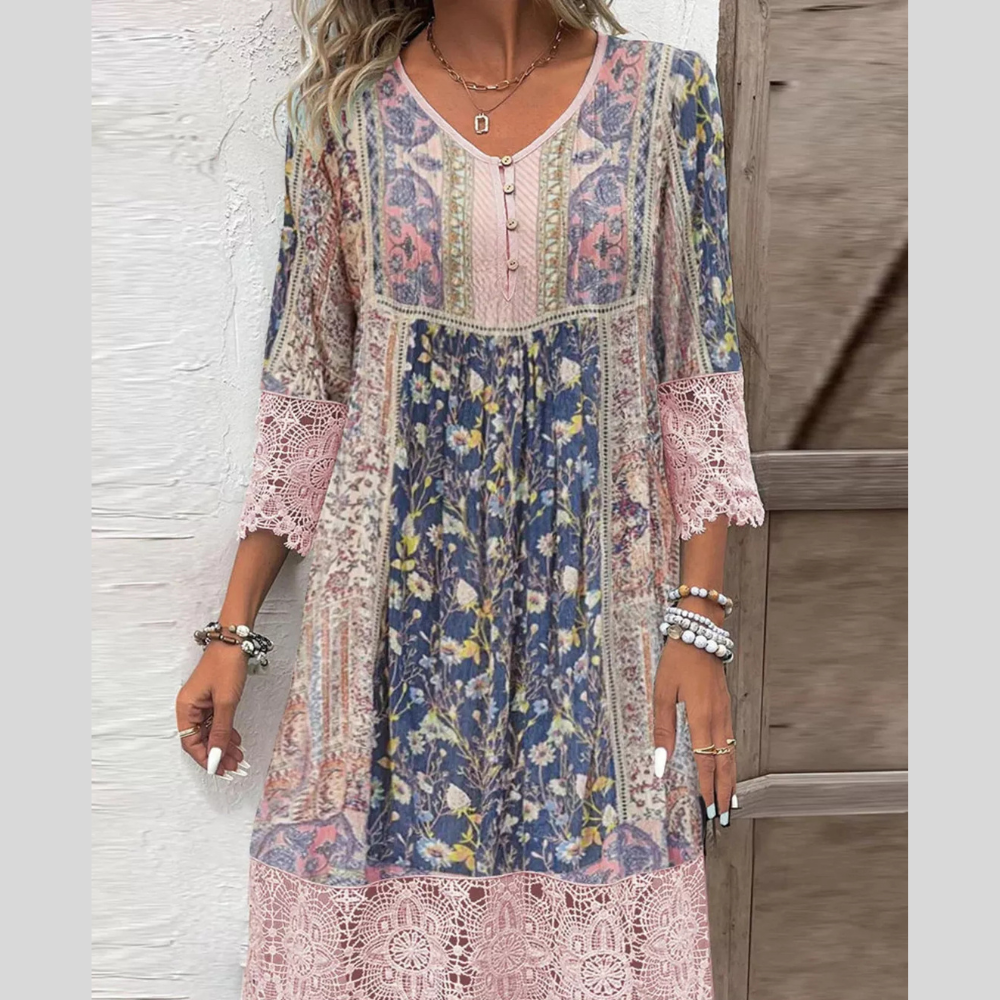 Full Size Floral Lace Trim V-Neck Dress Plus Size