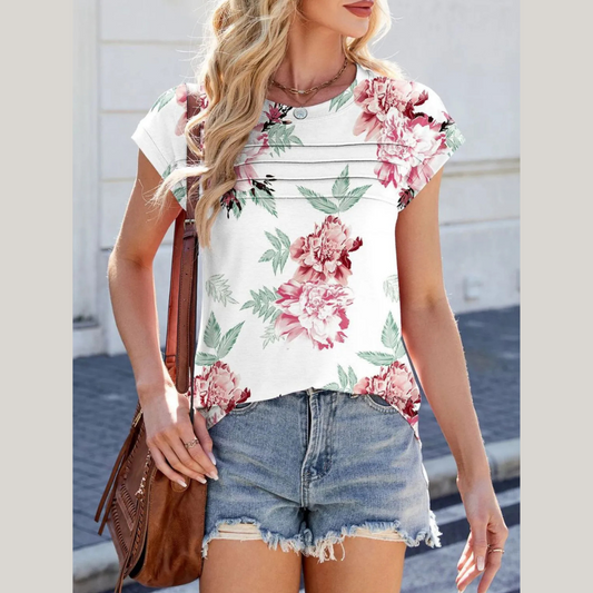 Printed Round Neck Cap Sleeve Top