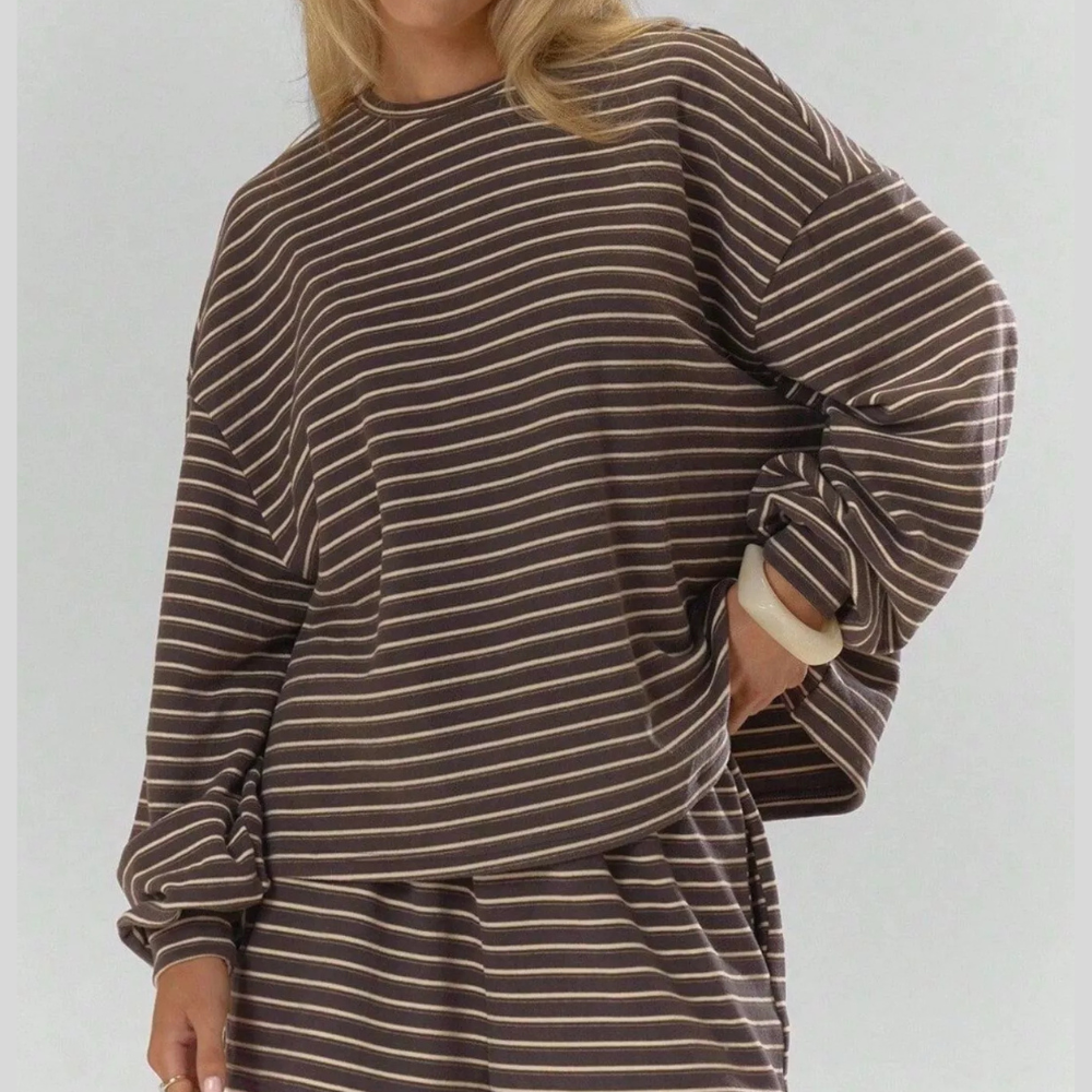 Casual Striped Long-Sleeve Top and Shorts Set