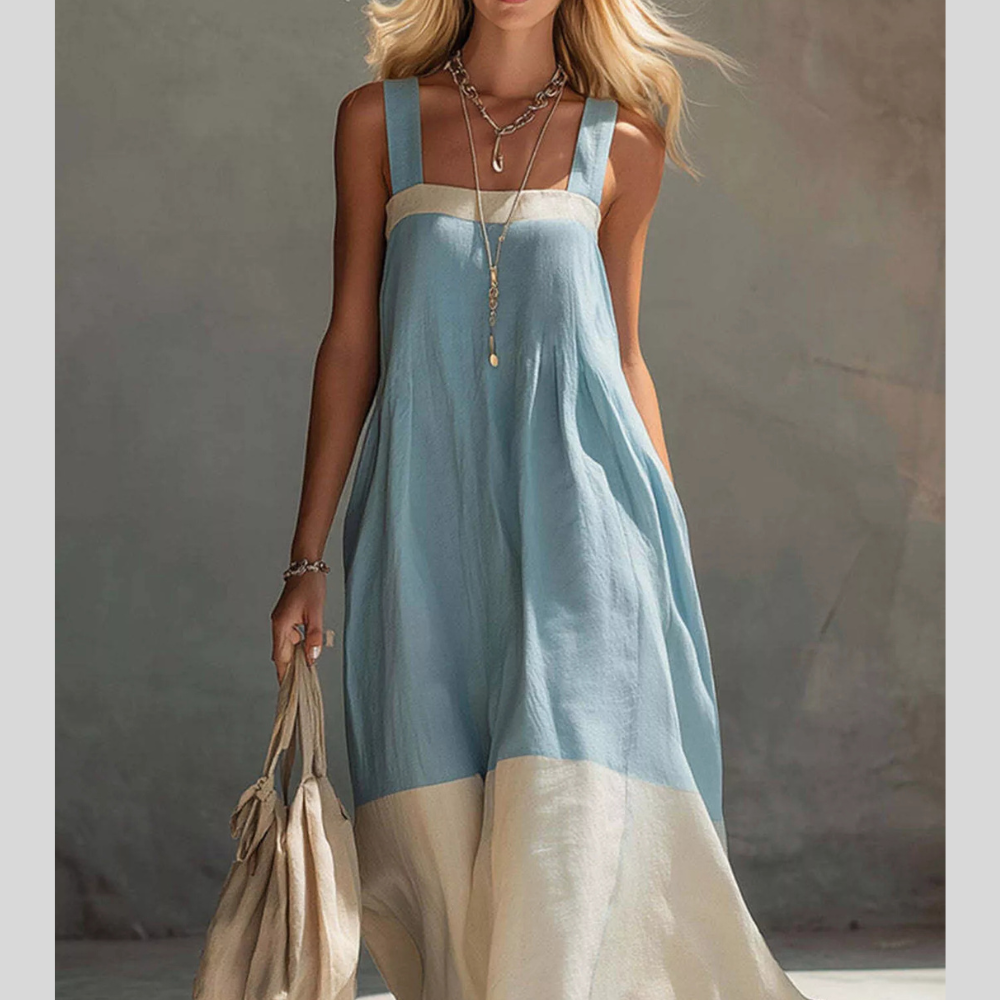 Color-Block Sleeveless Linen-Blend Midi Dress