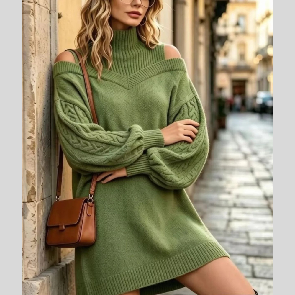 Full Size Cold-Shoulder Cable Knit Turtleneck Oversize Sweater Plus Size